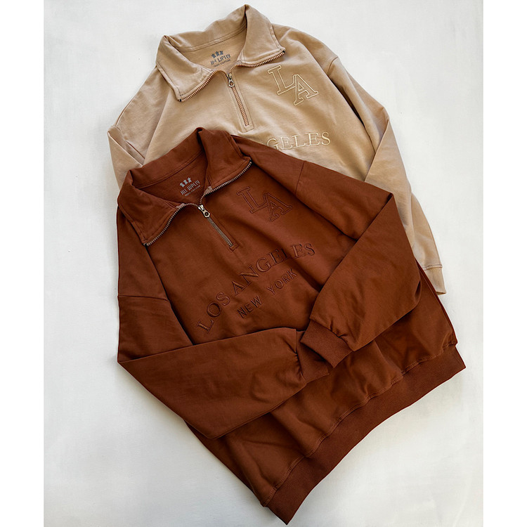 بلوز دورس نیم زیپ زنانه نخ و پنبه درجه یک رنگ کرمی و قهوه ای