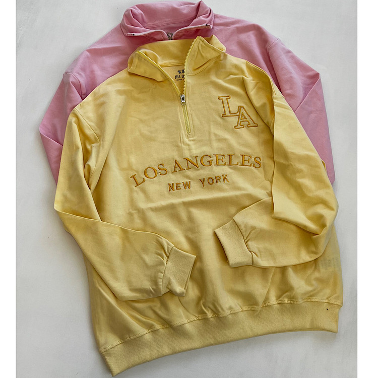 بلوز دورس نیم زیپ زنانه نخ و پنبه درجه یک رنگ لیمویی