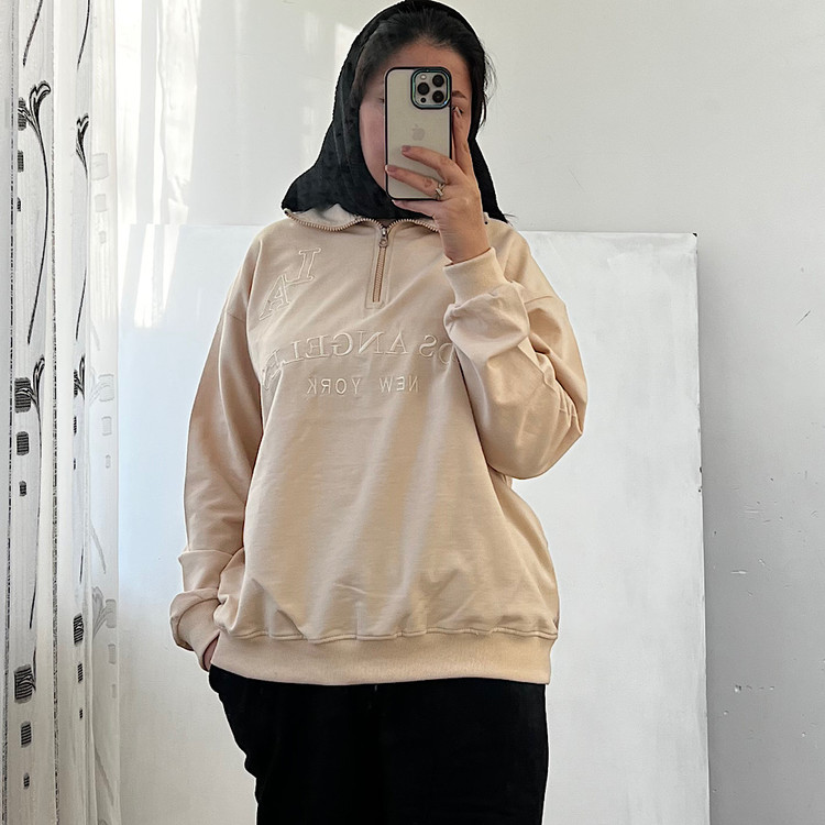 بلوز دورس نیم زیپ زنانه نخ و پنبه درجه یک رنگ کرمی