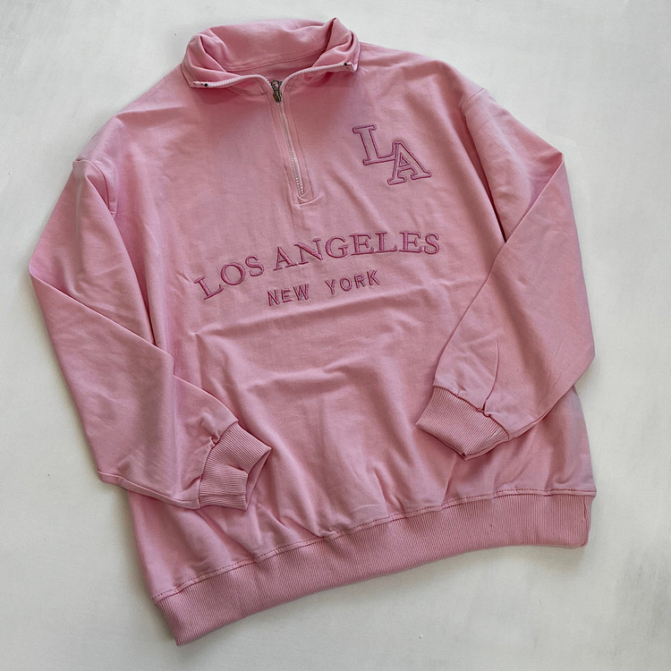 بلوز دورس نیم زیپ زنانه نخ و پنبه درجه یک رنگ صورتی پودری