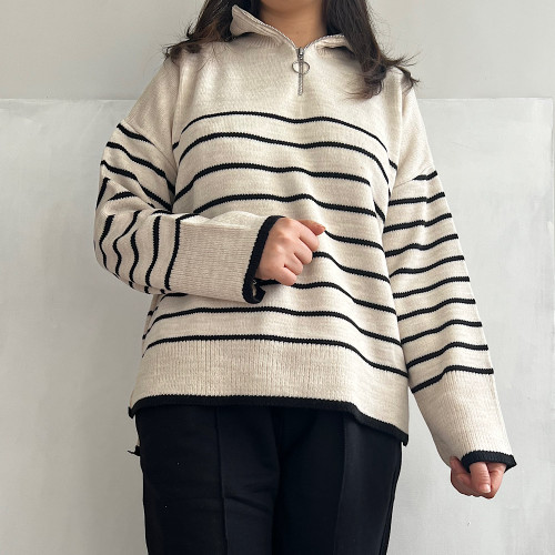 بلوز نیم زیپ بافت راه راه زنانه گرم و شیک مخصوص استایل های زمستانی