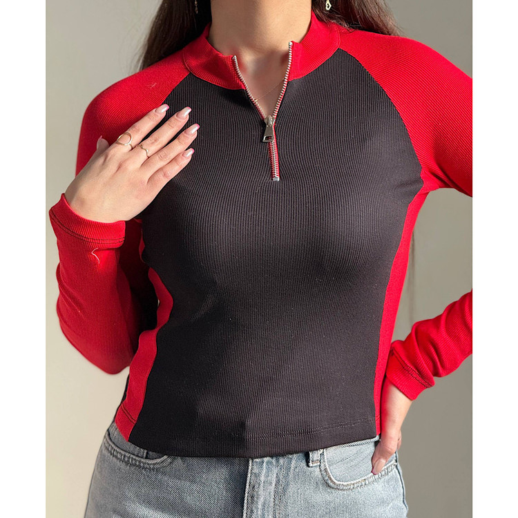 کراپ نیم زیپ آستین دار کبریتی آستین قرمز