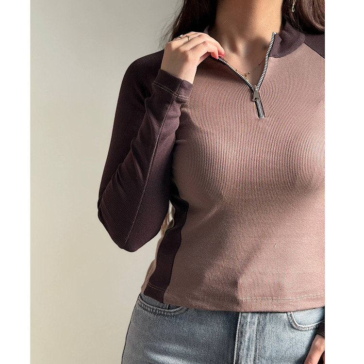 کراپ نیم زیپ کبریتی آستین دار آستین شکلاتی