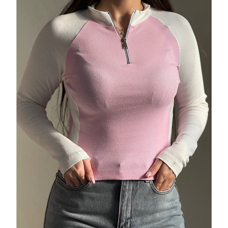 کراپ نیم زیپ آستین دار کبریتی آستین سفید