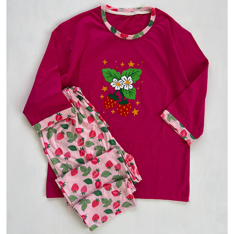 ست راحتی زنانه نخی طرح توت فرنگی نرم و با کیفیت