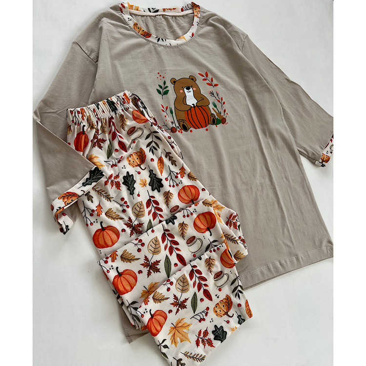 ست راحتی زنانه بلوز نخی طرح کدو تنبل پاییزی