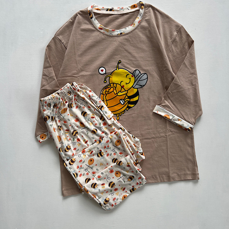 ست راحتی زنانه نخی با طرح زنبور خوابالو