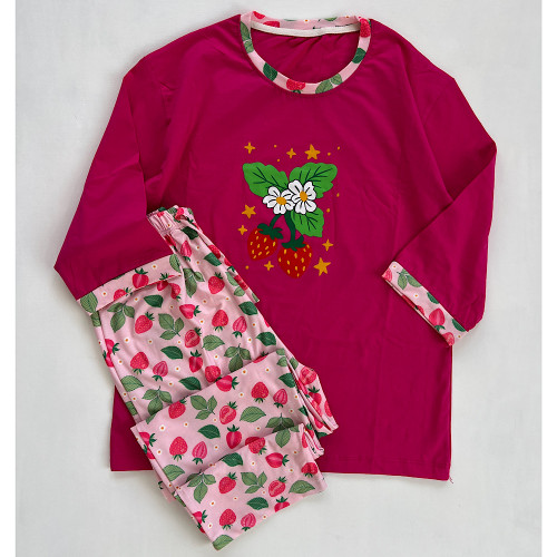 ست راحتی زنانه نخی طرح توت فرنگی نرم و با کیفیت