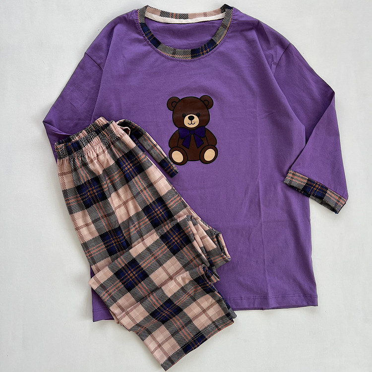 ست راحتی زنانه نخی طرح خرس قهوه ای