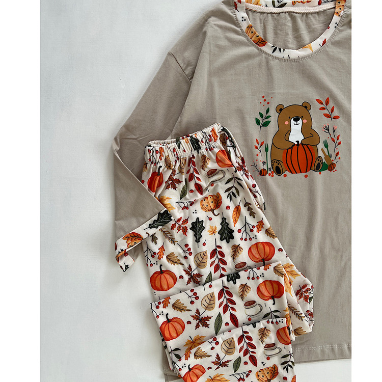 ست راحتی زنانه نخی آستین سه ربع با طرح مینیمال