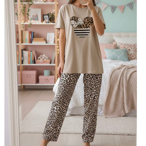 ست راحتی زنانه نخ پنبه فانتزی طرح میکی موس پلنگی تیشرت شلوار