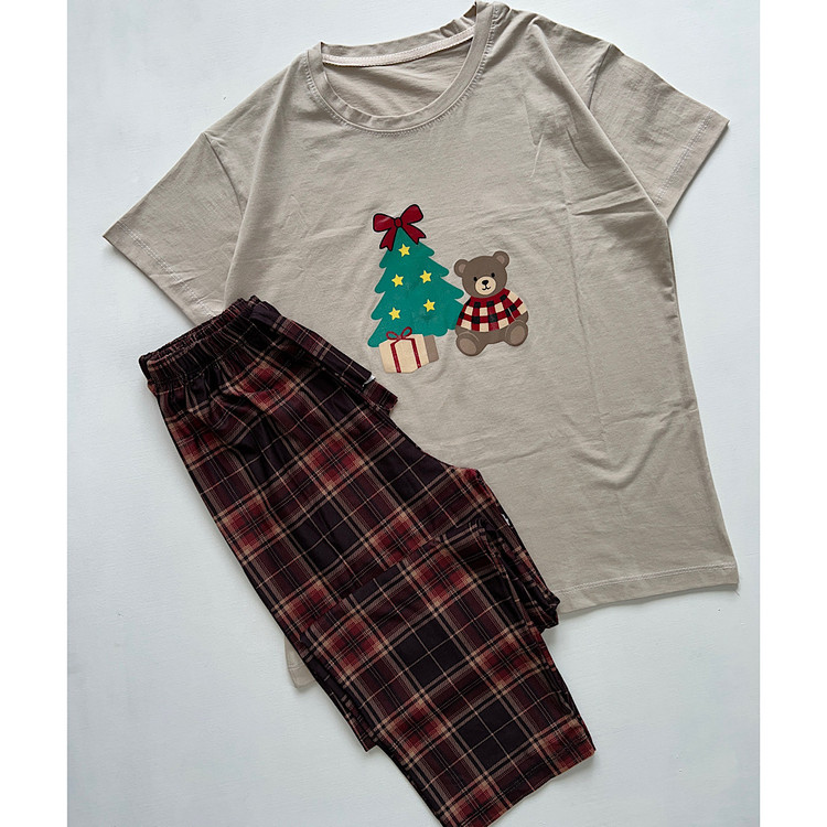 ست راحتی زنانه نخ پنبه فانتزی طرح خرس و کریسمس