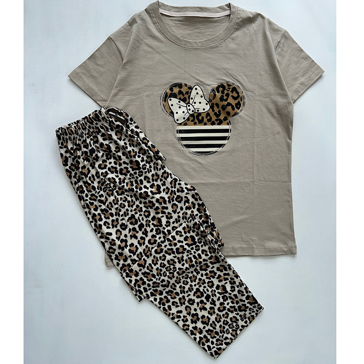 ست راحتی زنانه نخ پنبه فانتزی طرح میکی موس پلنگی تیشرت شلوار