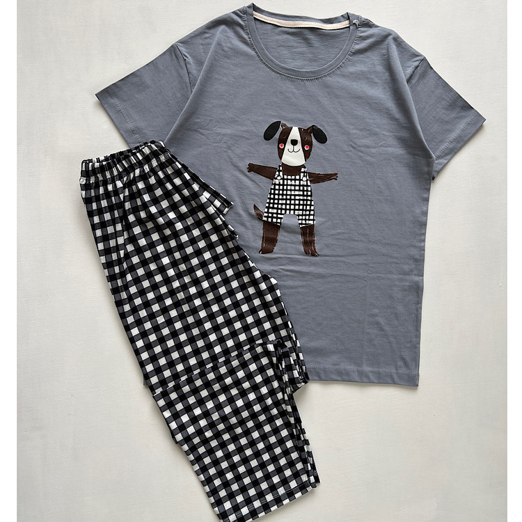 ست راحتی زنانه نخ پنبه فانتزی طرح سگ قهوه ای تیشرت شلوار