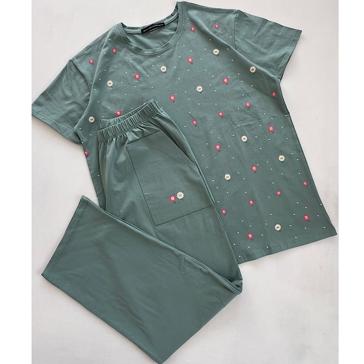 ست تیشرت شلوار راحتی زنانه نخی خنک و راحت رنگ آبی تیفانی