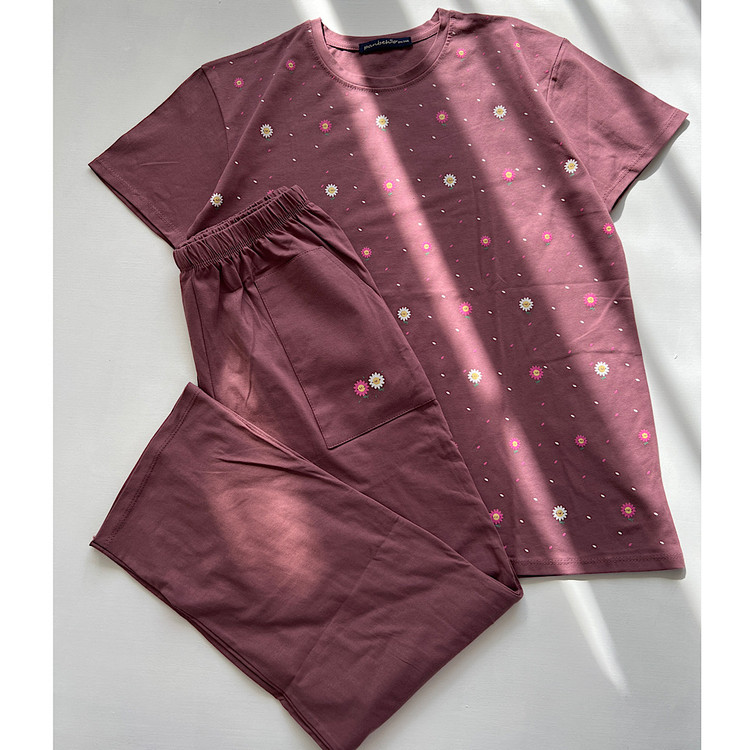 ست تیشرت شلوار راحتی زنانه نخی جیب دار کالباسی خوشگل