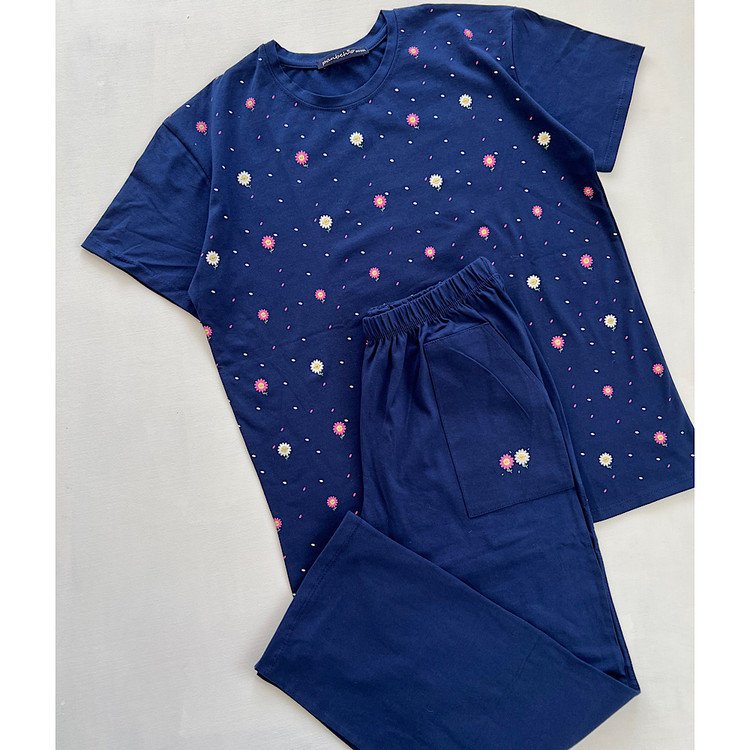 ست تیشرت شلوار راحتی زنانه نخی گلدار خنک جیب دار سورمه ای