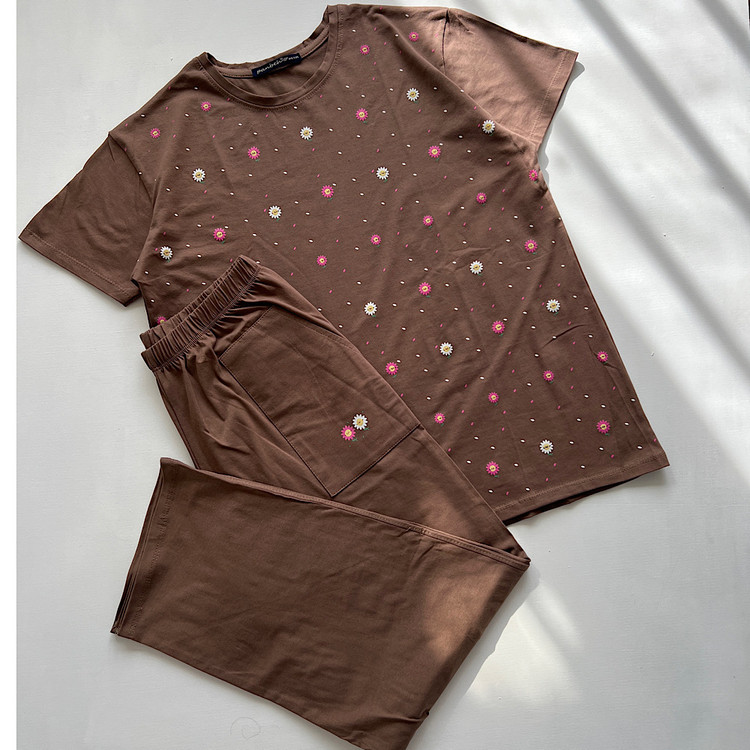 ست تیشرت شلوار راحتی زنانه سوپر نخ پنبه جیب دار قهوه ای