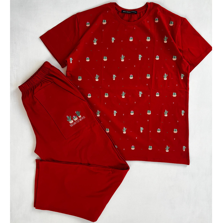 تیشرت شلوار ست راحتی زنانه نخ پنبه رنگ قرمز شلوار دمپا آزاد جیب دار