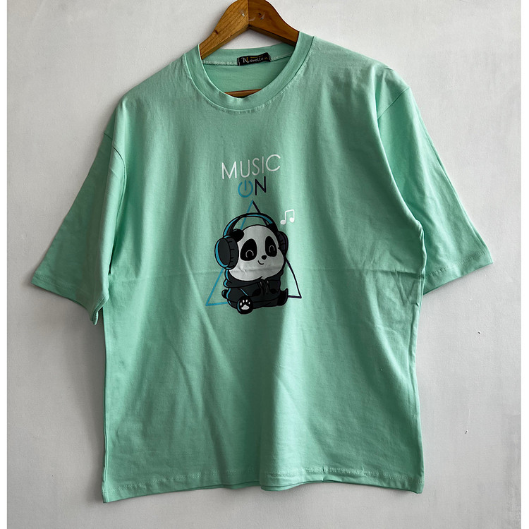 تیشرت باکسی نخ وپنبه زنانه طرح پاندا رنگ سبز آبی کیفیت دوخت و پارچه تضمینی