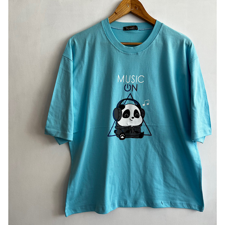 تیشرت باکسی نخ و پنبه زنانه طرح پاندا رنگ آبی خرید تیشرت خنک و نخی با شاپ زی