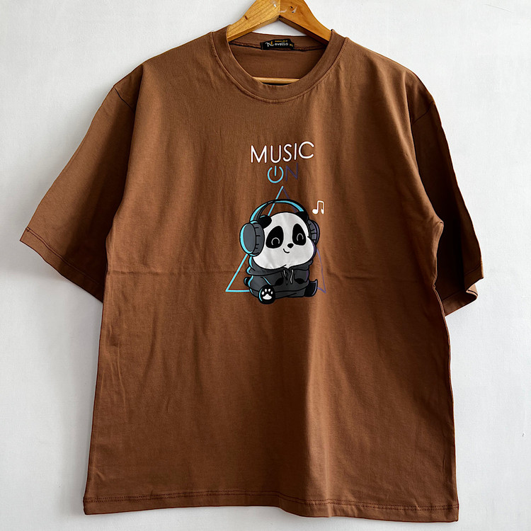 تیشرت باکسی نخ و پنبه زنانه پاندا رنگ قهوه ای خیلی خوشرنگ با کیفیت نرم